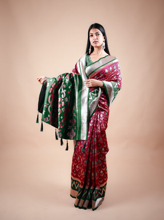 Mehroon Banarasi Saree with Contrast Border, Pallu and Blouse