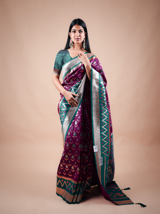 Wine Banarasi Saree with Contrast Border, Pallu and Blouse