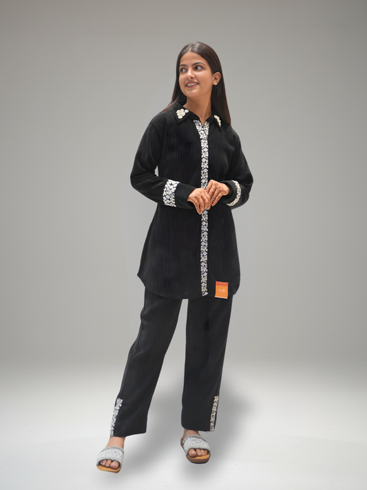 Black Lycra Velvet with White Thread Work Co-ord Set