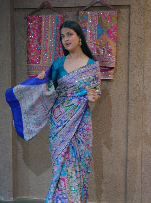 Firozi Blue Gajji Satin Silk with Aari Sequence Work