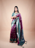 Wine Banarasi Saree with Contrast Border, Pallu and Blouse