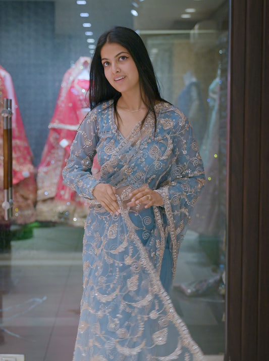 Stitched Blouse Blue Grandeur Heavy Work Saree