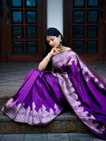 Plain Saree With Temple Border Wine Color, Banarasi Silk Saree