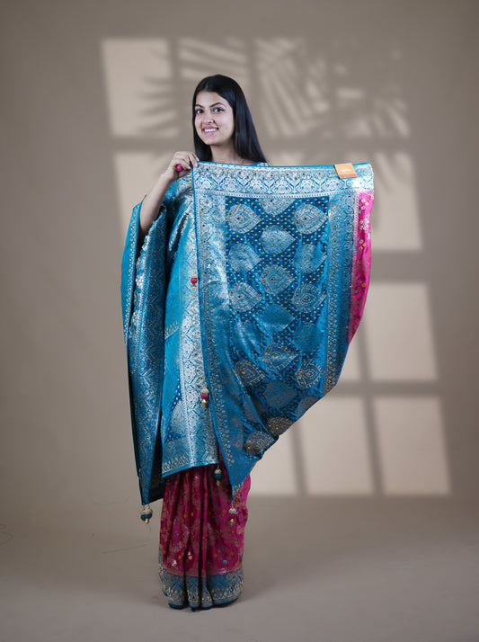 Rani Color Designer Dupatta Paired Saree with Blouse Piece