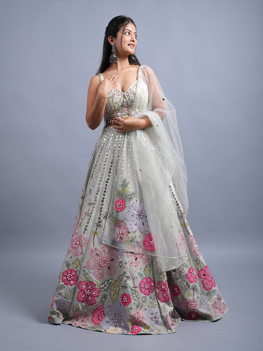 LIGHT GREY SILK FABRIC APLIC WITH HANDWORK PARTY WEAR LEHENGA