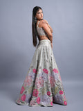 LIGHT GREY SILK FABRIC APLIC WITH HANDWORK PARTY WEAR LEHENGA