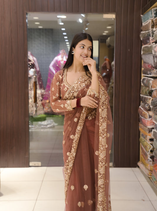 Stitched Blouse Soft Net Party Wear Saree