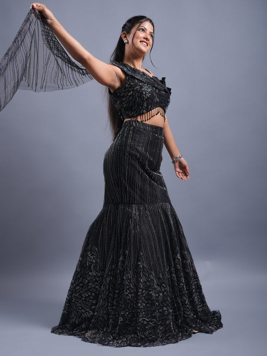 Black net fish cut Indo-Western cocktail lehenga with beaded work
