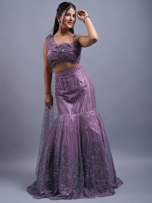 PURPLE COLOUR NET FABRIC HEAVY BEEDED WORK FISH CUT INDO WESTREN COCKTAIL & PARTYWEAR LEHENGA