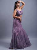 PURPLE COLOUR NET FABRIC HEAVY BEEDED WORK FISH CUT INDO WESTREN COCKTAIL & PARTYWEAR LEHENGA