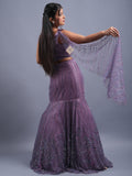 PURPLE COLOUR NET FABRIC HEAVY BEEDED WORK FISH CUT INDO WESTREN COCKTAIL & PARTYWEAR LEHENGA