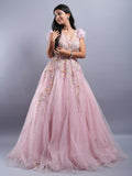 LIGHT PINK NET FABRIC APLIC WITH HAND EMBROIDERY RING CEREMONY & PARTYWEAR GOWN