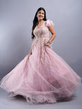 LIGHT PINK NET FABRIC APLIC WITH HAND EMBROIDERY RING CEREMONY & PARTYWEAR GOWN