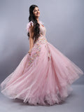 LIGHT PINK NET FABRIC APLIC WITH HAND EMBROIDERY RING CEREMONY & PARTYWEAR GOWN