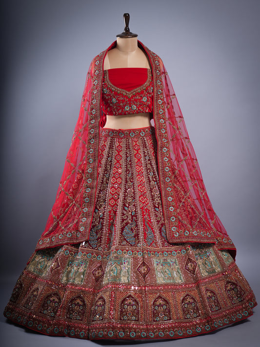 RED MAROON VELVET READY TO STICH HEAVY HAND EMBROIDERY BRIDAL LEHENGA