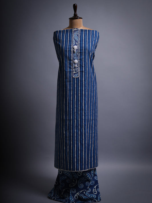 NAVY BLUE STRIPES TOP PRINTED BOTTOM FINE COTTON FABRIC READY TO STICH SUITS