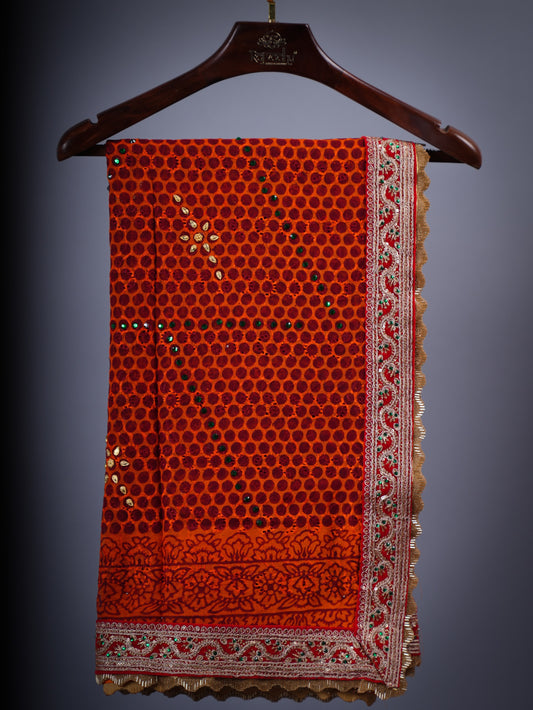 GEORGETTE WITH CHICKEN PICCHODA WITH RED LACE & SUPPORTING HANDWORK LACE