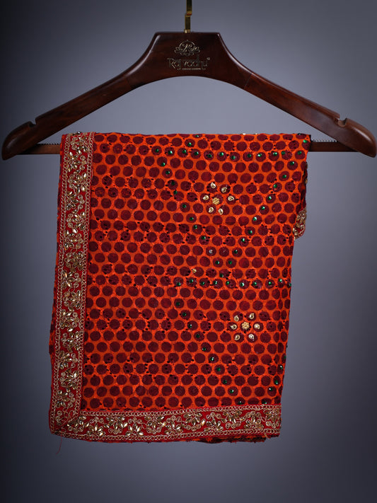 GEORGETTE WITH CHICKEN SHORT PICCHODA WITH HEAVY HANDWORK RED LACE