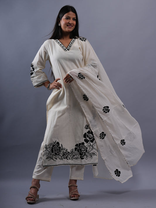 WHITE V NECK WITH EMBROIDERY 3 PCS SET