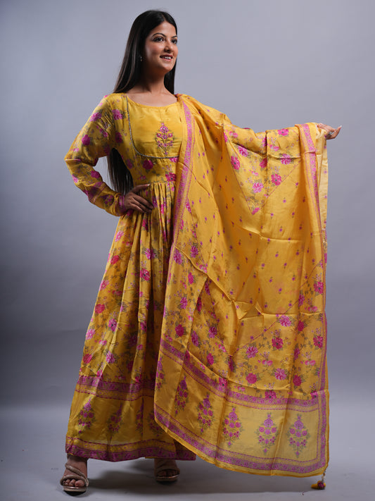 NEON YELLOW ANARKALI WITH HAND WORK 3 PCS SET