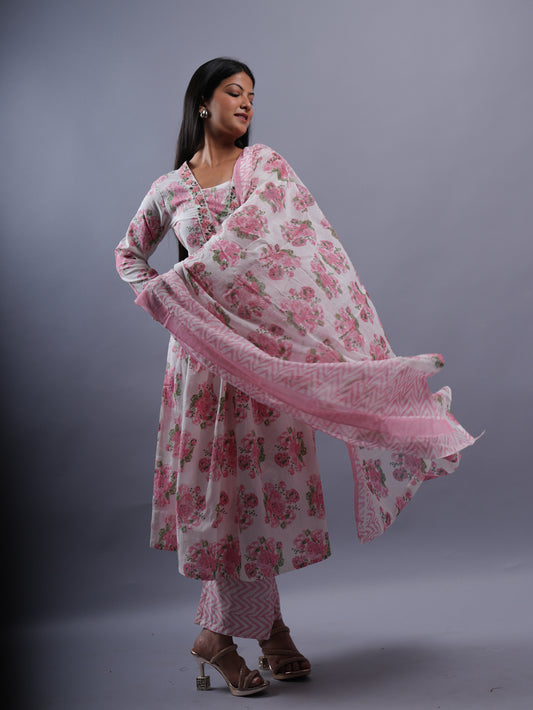 WHITE FLORAL V NECK | A LINE 3 PCS SET