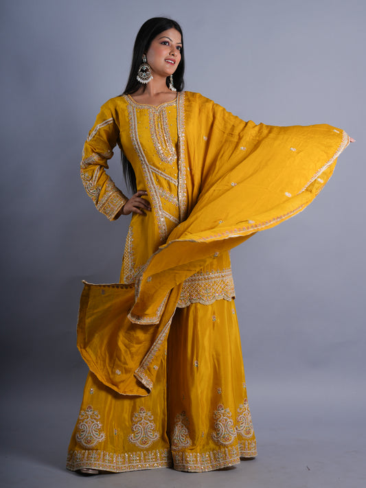 YELLOW PARTY & HALDI WEAR EMBROIDED PLAZZO 3 PCS SET