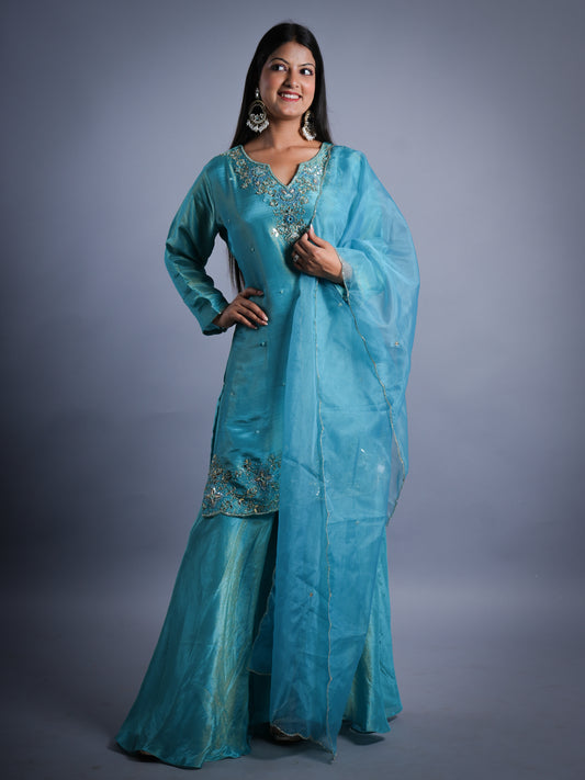 FIROZI SHIMMER PLAZZO SET WITH HANDWORK PCS SET