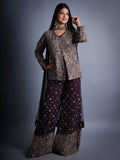 DARK WINE GEORGETTE COAT SET WITH PLAZZO FULL EMBROIDERY 3 PCS SET