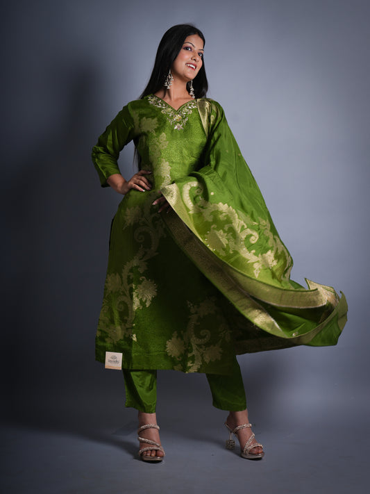 MEHANDI BANARASI PARTY WEAR SUIT WITH HANDWORK 3 PCS SET