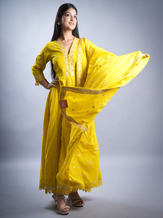 NEON YELLOW COTTON WITH HAKOOBA WORK ANARKALI 3 PCS SET