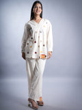 OFFWHITE COTTON V NECK WITH APLIC WORK COORD SET