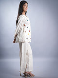 OFFWHITE COTTON V NECK WITH APLIC WORK COORD SET