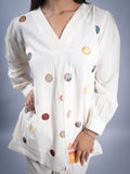 OFFWHITE COTTON V NECK WITH APLIC WORK COORD SET