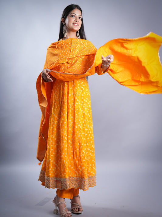 YELLOW BANDHEJ WITH FOIL V NECK REON FABRIC ANARKALI 3 PCS SET