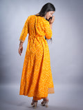 YELLOW BANDHEJ WITH FOIL V NECK REON FABRIC ANARKALI 3 PCS SET