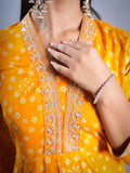 YELLOW BANDHEJ WITH FOIL V NECK REON FABRIC ANARKALI 3 PCS SET