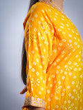 YELLOW BANDHEJ WITH FOIL V NECK REON FABRIC ANARKALI 3 PCS SET