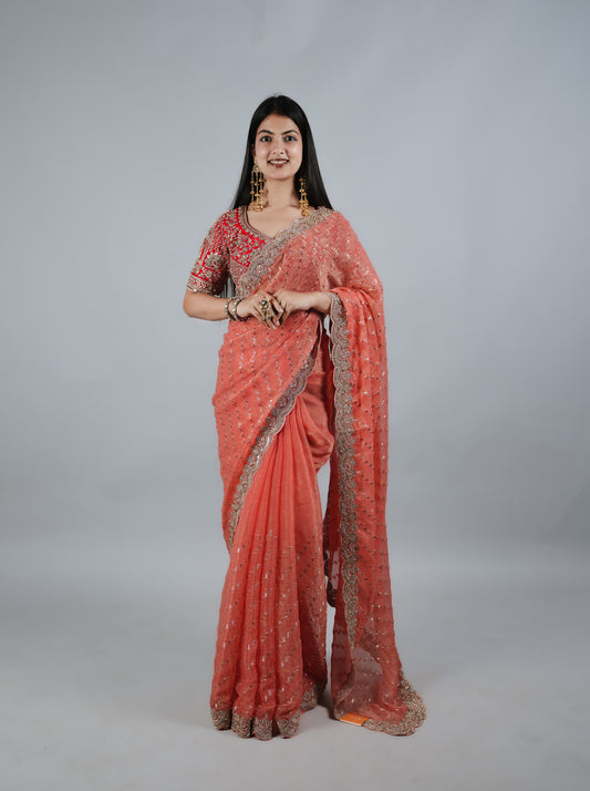 Peach Kumudh Silk Saree With Beads Work With Stitch Blouse