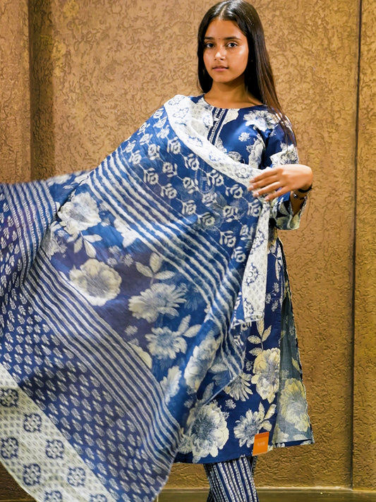 Navy Blue Cotton Suit 3 Piece Set