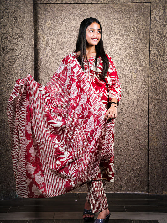 Red Cotton Suit 3 Piece Set