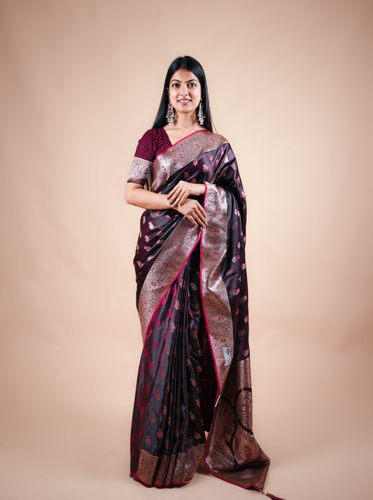 Mehroon Black Satin Silk Banarasi Saree