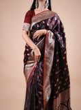 Wine Black Satin Silk Banarasi Saree