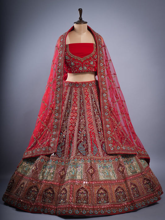 Red maroon velvet bridal lehenga with heavy hand embroidery