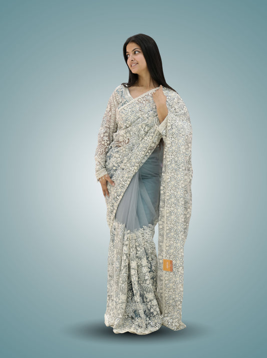 Stitched Full Sleeve Blouse Sky Mist Party Wear Saree