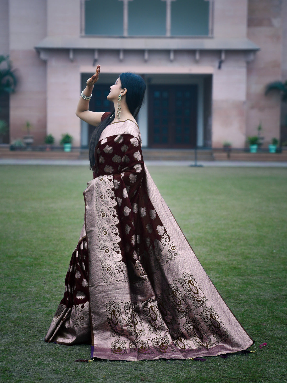 Satin Silk Mehroon Color with Panel Weaving