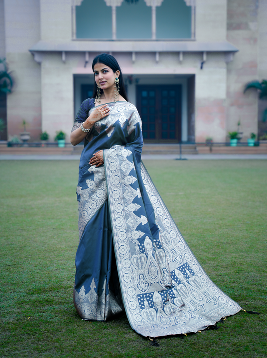 Plain Saree With Temple Border Firozi Color, Banarasi Silk Saree