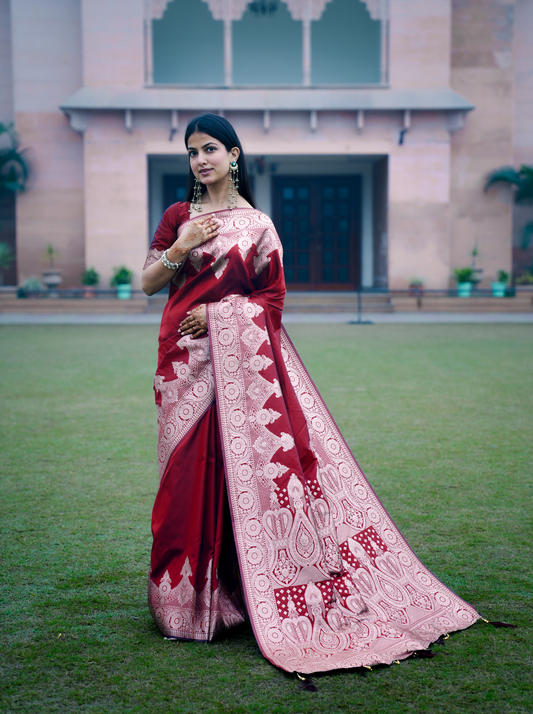 Plain Saree With Temple Border Mehroon Color, Banarasi Silk Saree