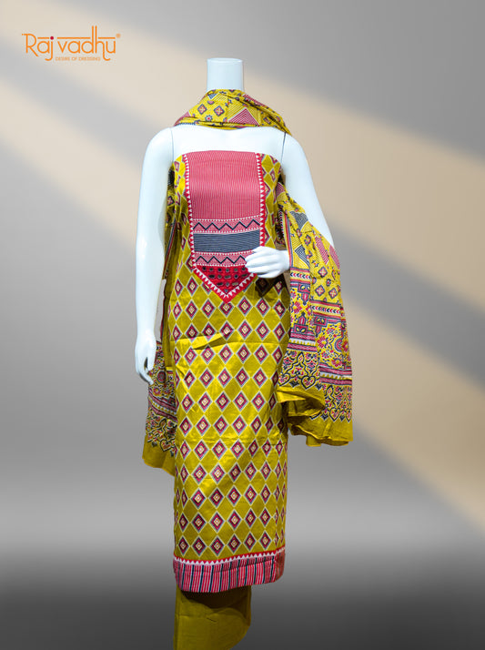 Yellow Unstitched Cotton Suits with Pattern Work