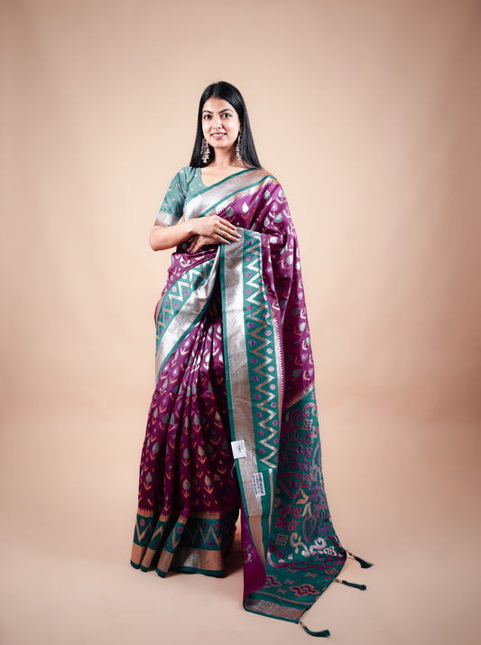 Wine Banarasi Saree with Contrast Border, Pallu and Blouse