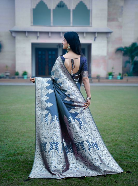 Plain Saree With Temple Border Firozi Color, Banarasi Silk Saree